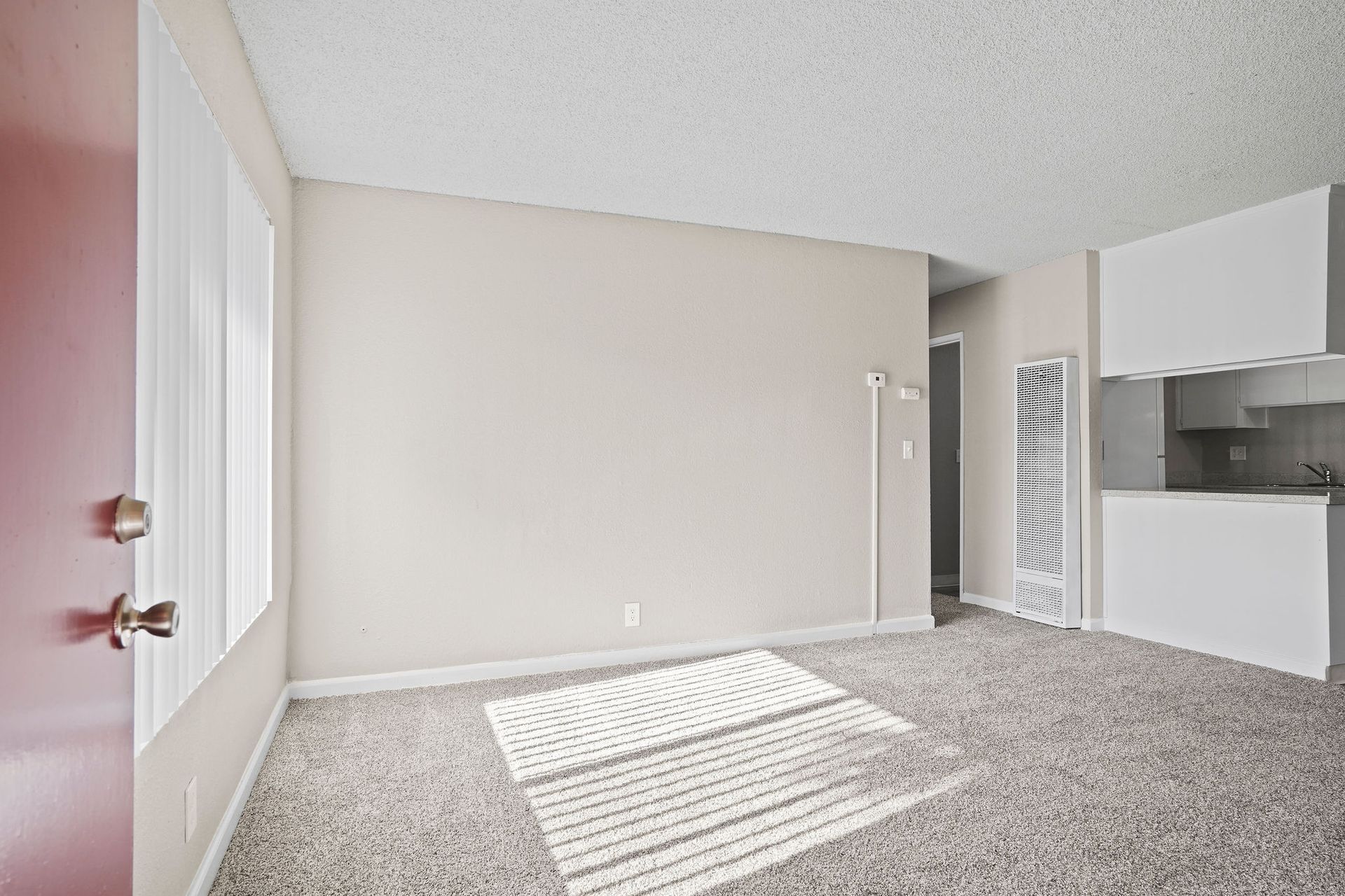 Empty beige living room with carpet, sunlight on floor, and doorway to a kitchen area