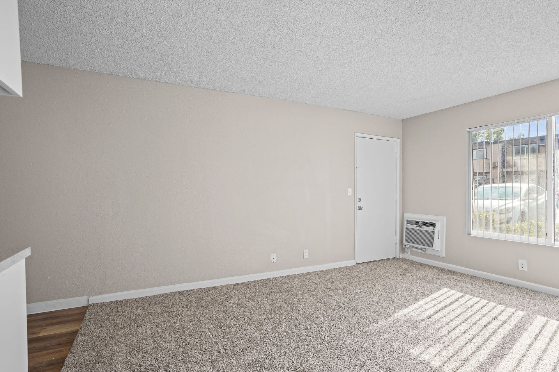 Empty beige carpeted room with window light, white door, and wall heater on the right.