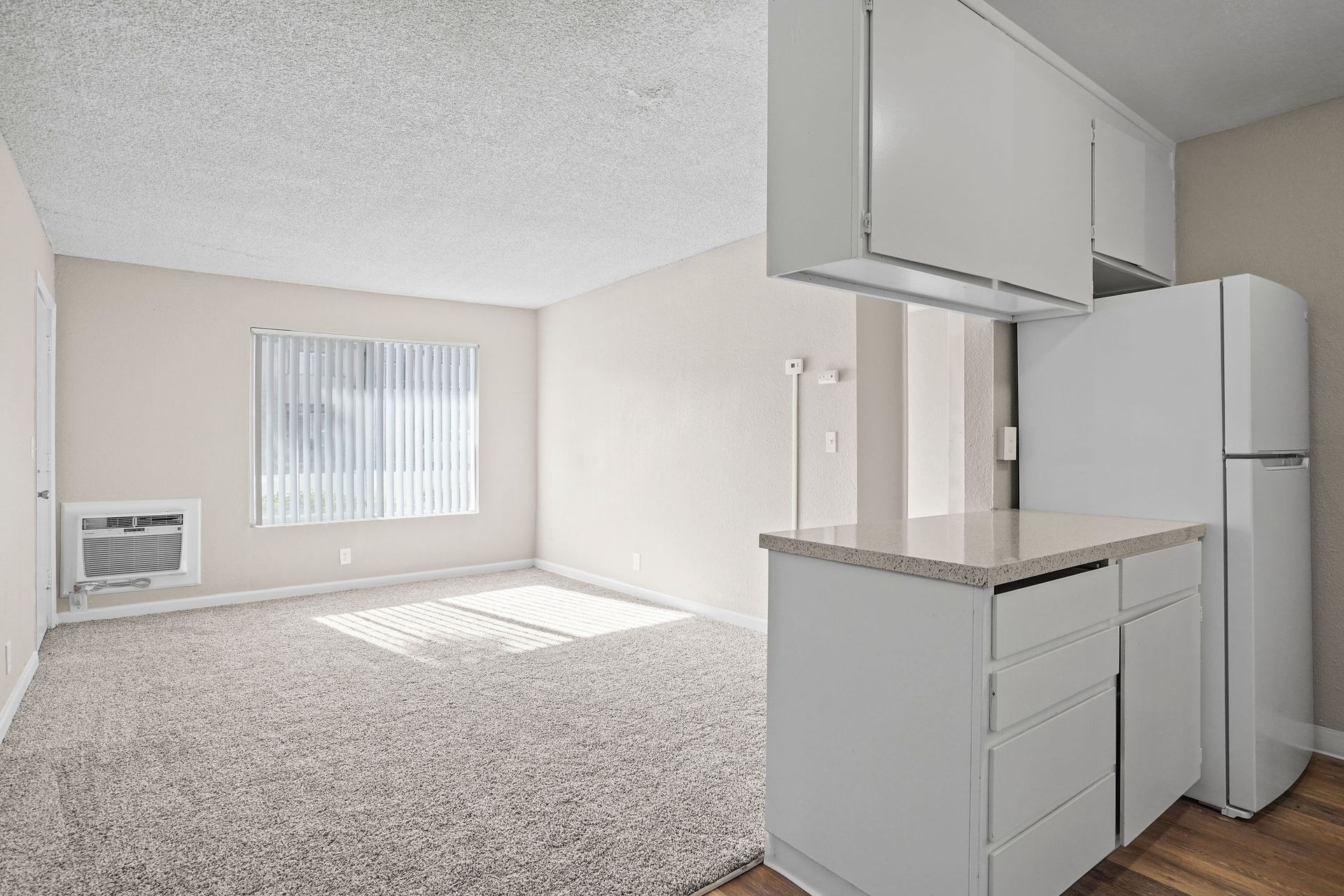 Empty apartment with carpeted living area, small kitchen, and window air conditioner.