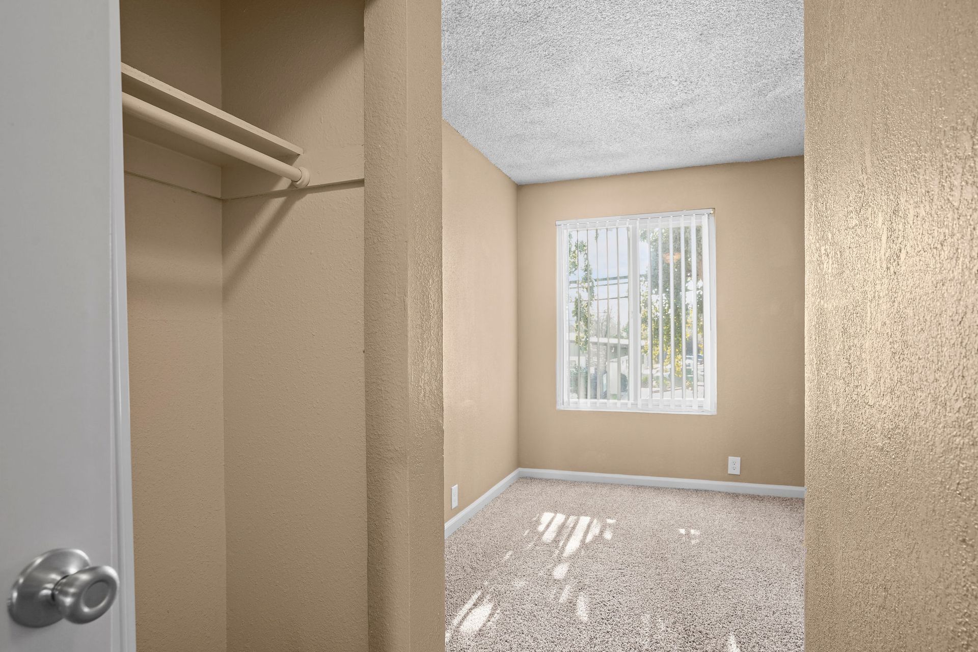 Empty beige walk-in closet with carpet and a window with vertical blinds.