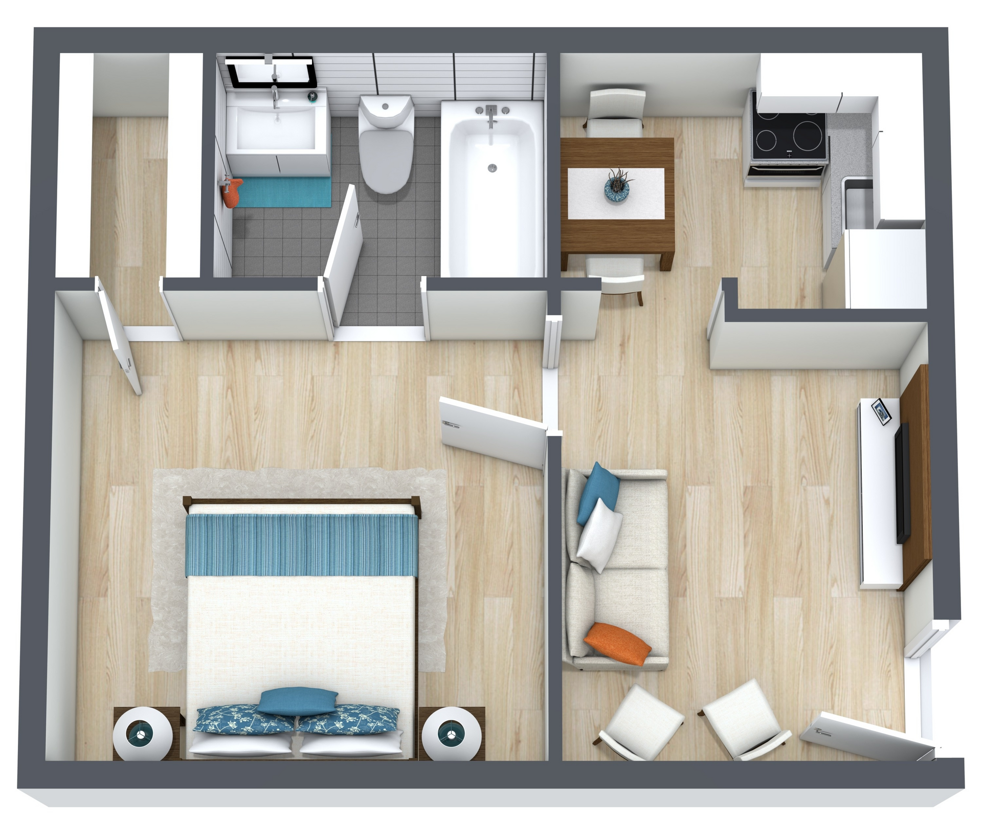 Top-down floor plan of a small apartment with bedroom, bathroom, kitchen, and living area.