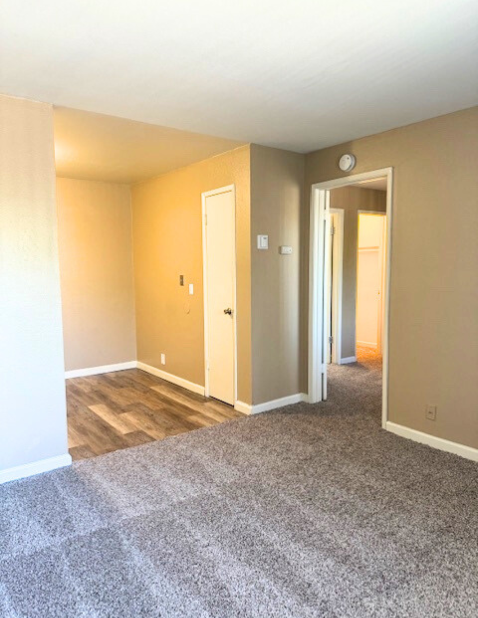Empty beige room with carpet, wood flooring, and open doorway to a hallway