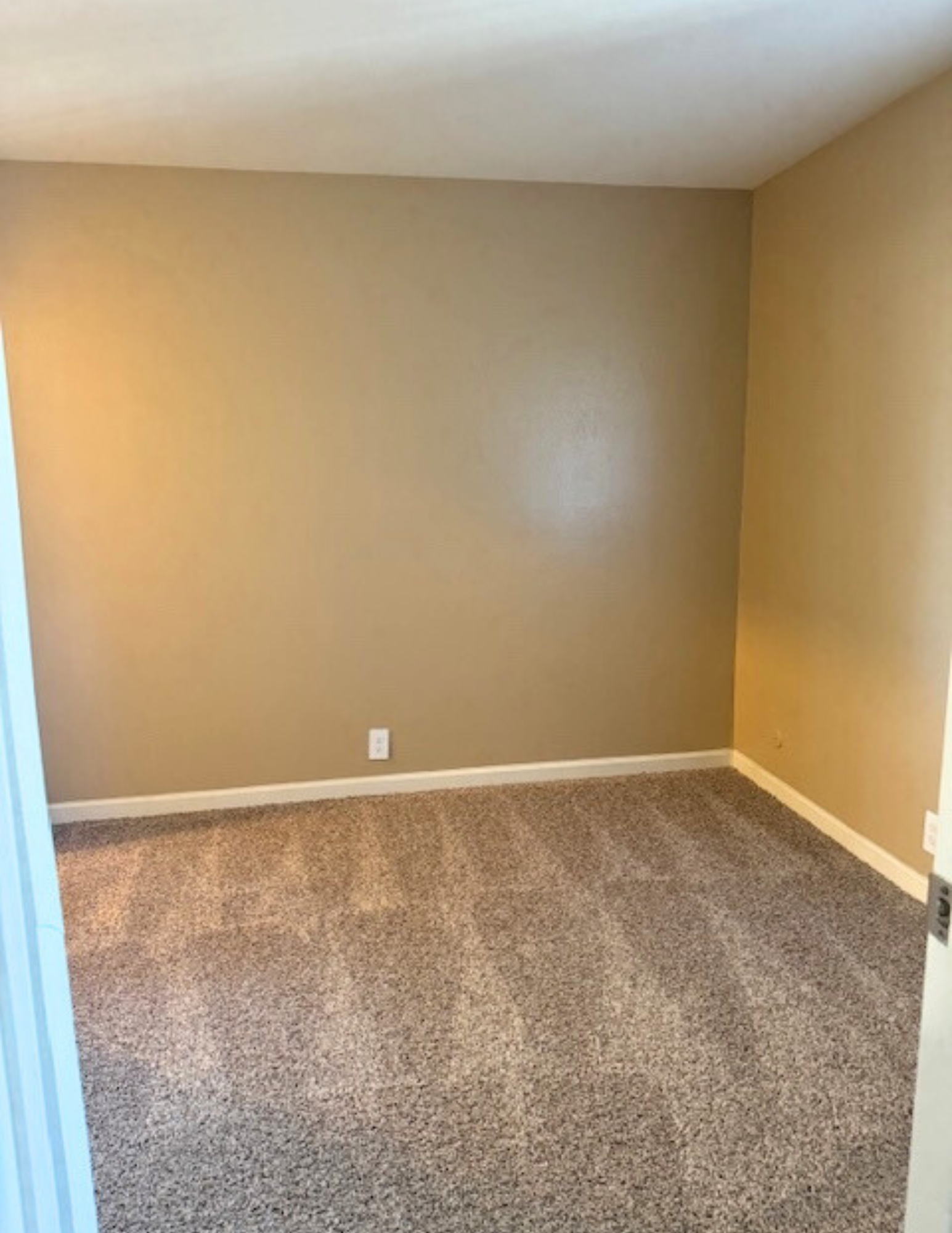 Empty beige room with gray carpet and white baseboards, viewed from the doorway