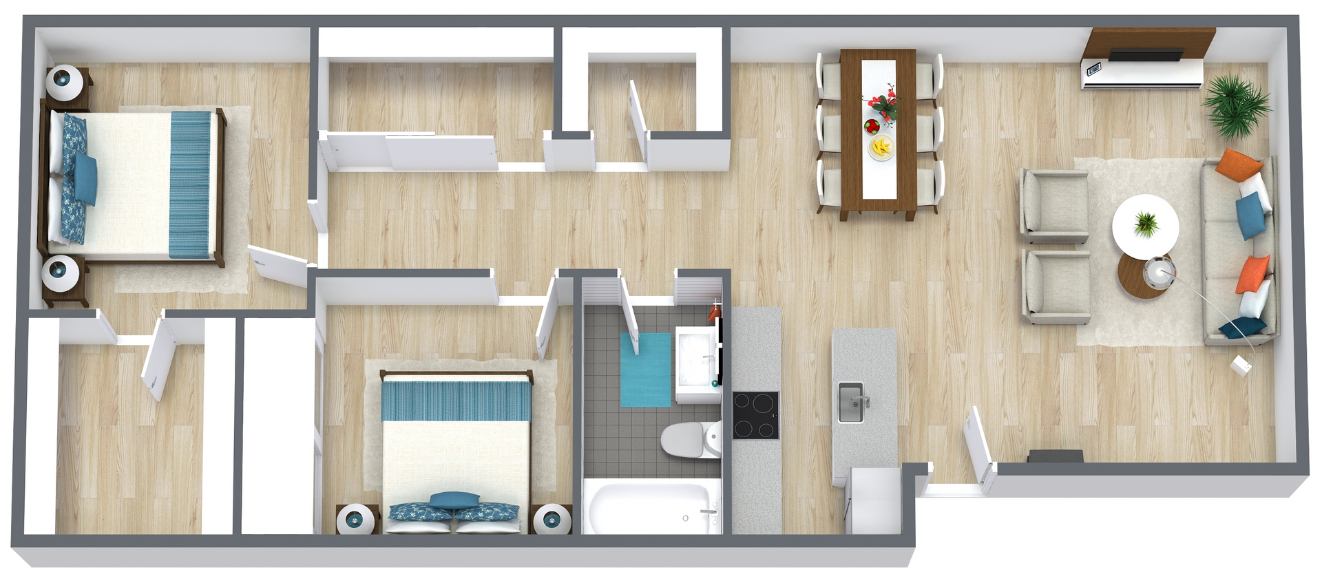 Top-down apartment floor plan with bedroom, bathroom, kitchen, dining area, and living room.
