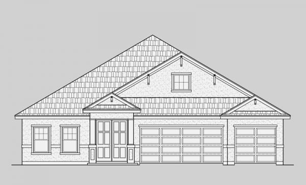 A black and white drawing of a house with a garage.