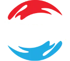 Abstract red and blue swooshes forming a circular logo on a white background