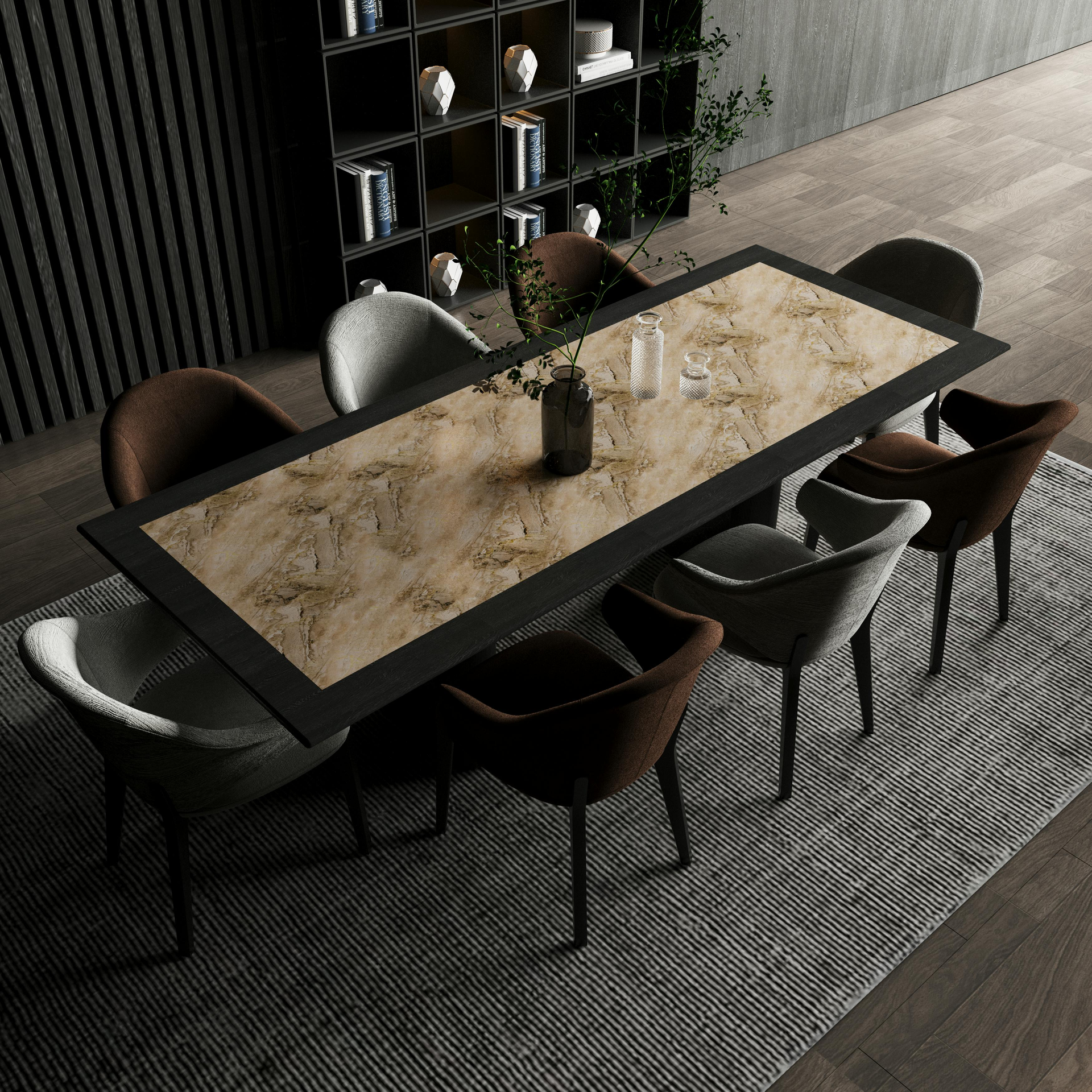 A dining room table with a vase of flowers on it