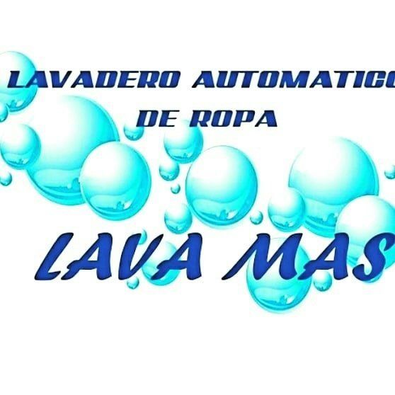 Logo de lavandería automática “Lava Más” en azul con burbujas turquesa