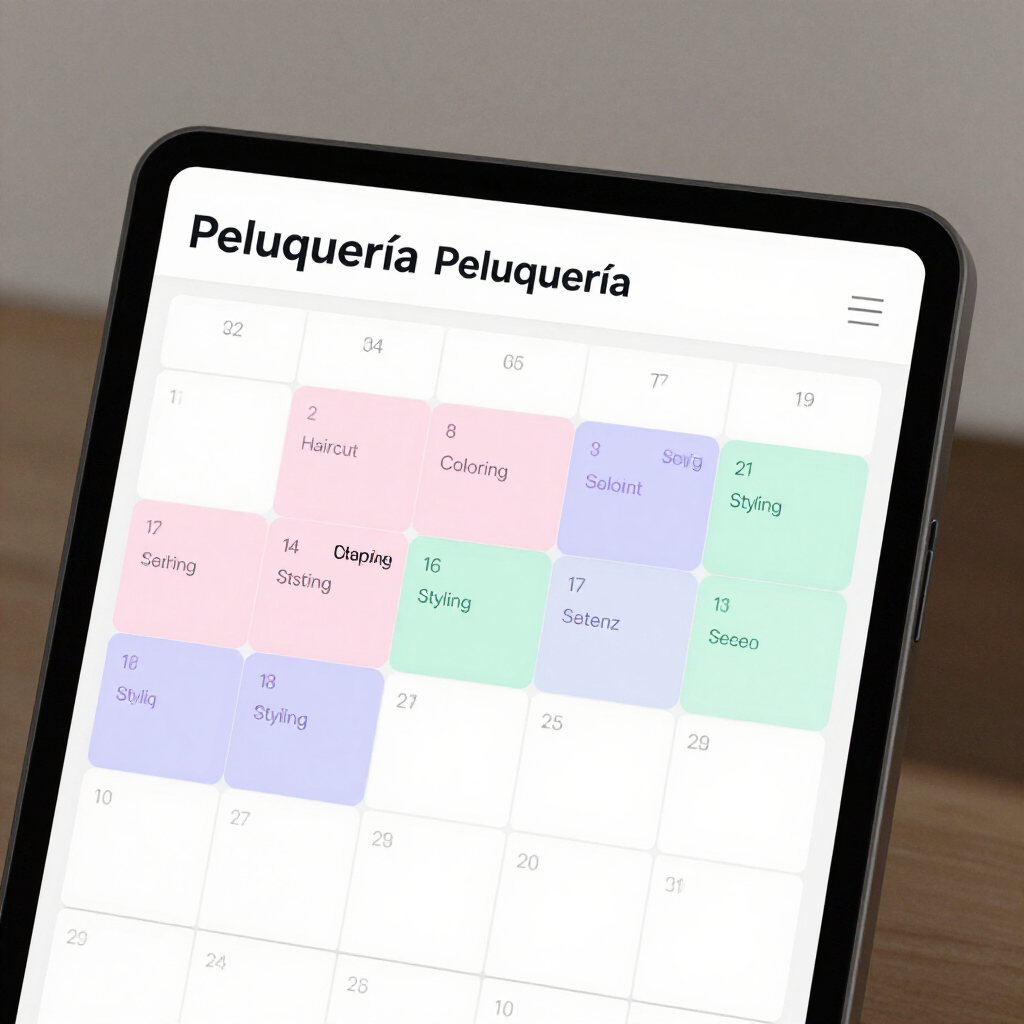 Aplicación móvil de calendario para salones de belleza en español, que muestra un horario mensual.