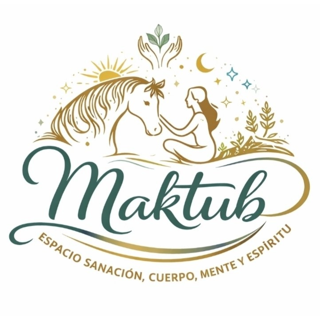 Logo with a woman and child silhouette, sun and moon, reading “Maktub” and “Espacio Sanación, Cuerpo, Mente y Espíritu”
