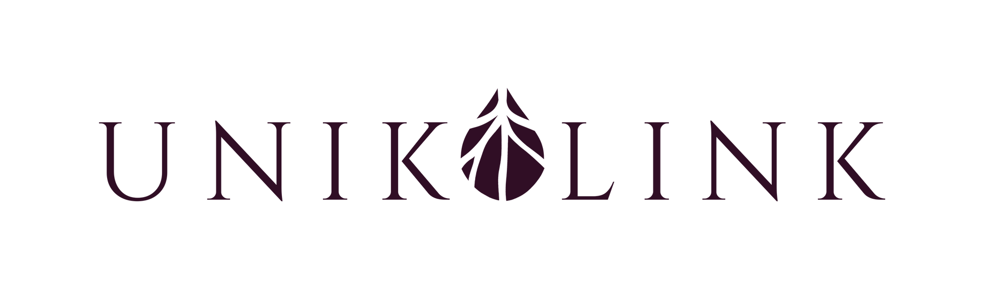 Logotipo de UNIKLINK en color granate oscuro con un icono en forma de hoja integrado en el nombre de la marca.