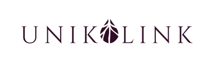 Logotipo de UNIKLINK en color granate oscuro con un icono en forma de hoja integrado en el nombre de la marca.