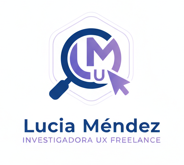 Logo de Lucia Méndez, investigadora UX freelance, en azul y lila con lupa y cursor