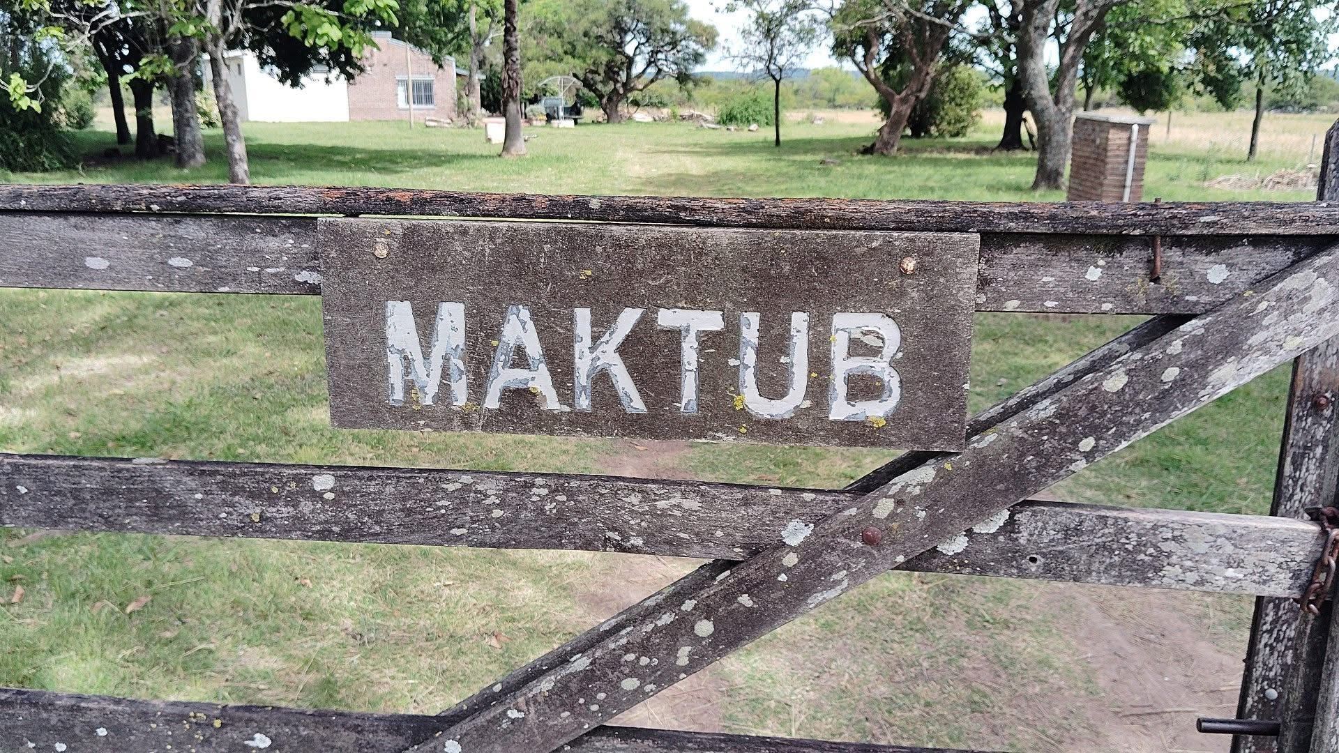 Una puerta de madera con la palabra “MAKTUB” pintada en blanco en una zona verde al aire libre.