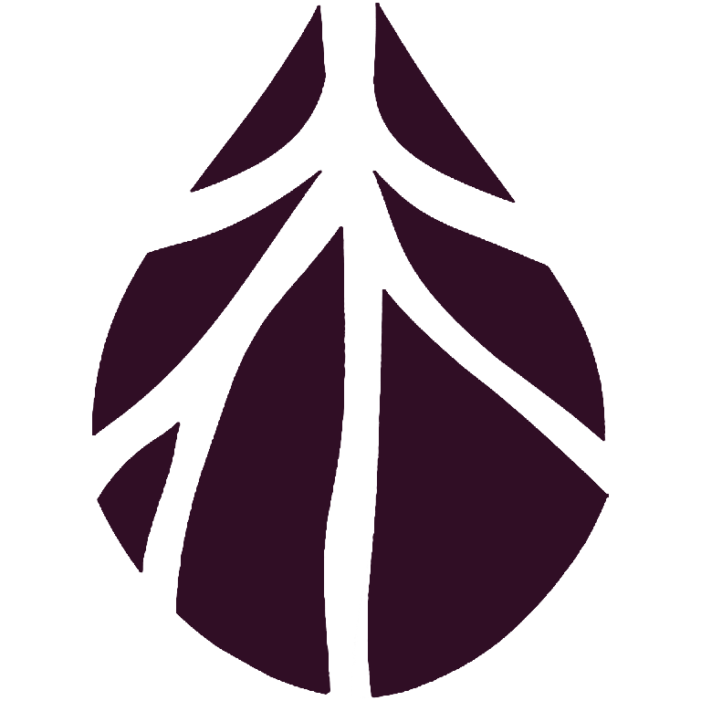 Logotipo abstracto de una hoja o llama de color púrpura oscuro con formas geométricas sobre un fondo blanco.