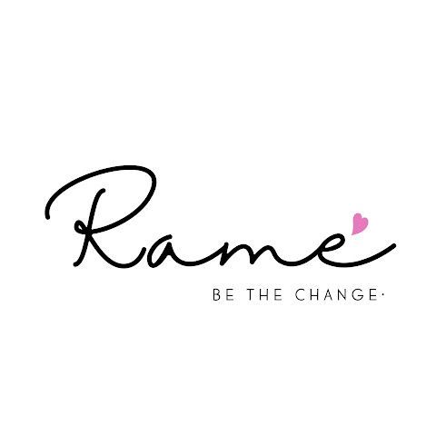 Logotipo de Rame en letras negras con un corazón rosa y el lema “SÉ EL CAMBIO”.
