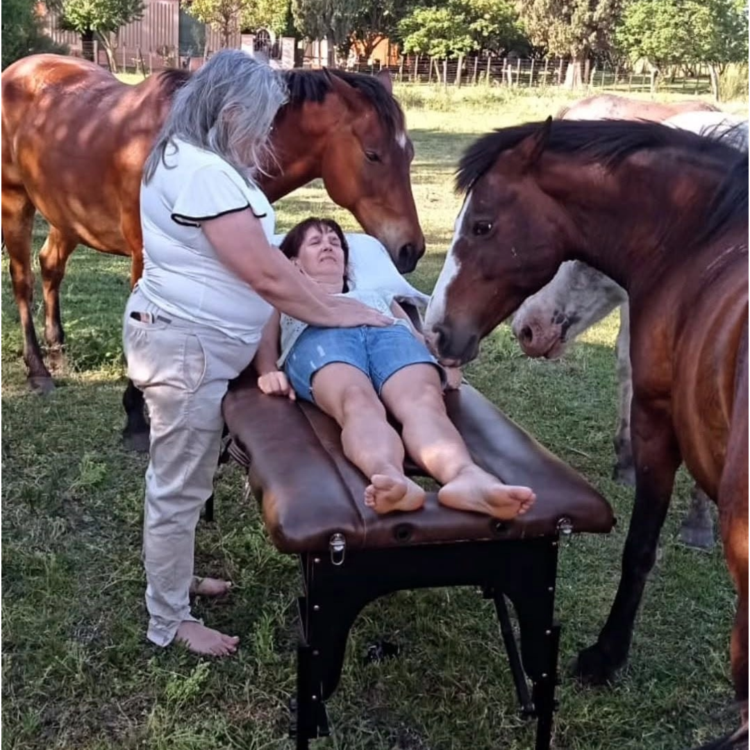 Una persona yace en una camilla de masaje al aire libre mientras tres caballos se reúnen a su alrededor.