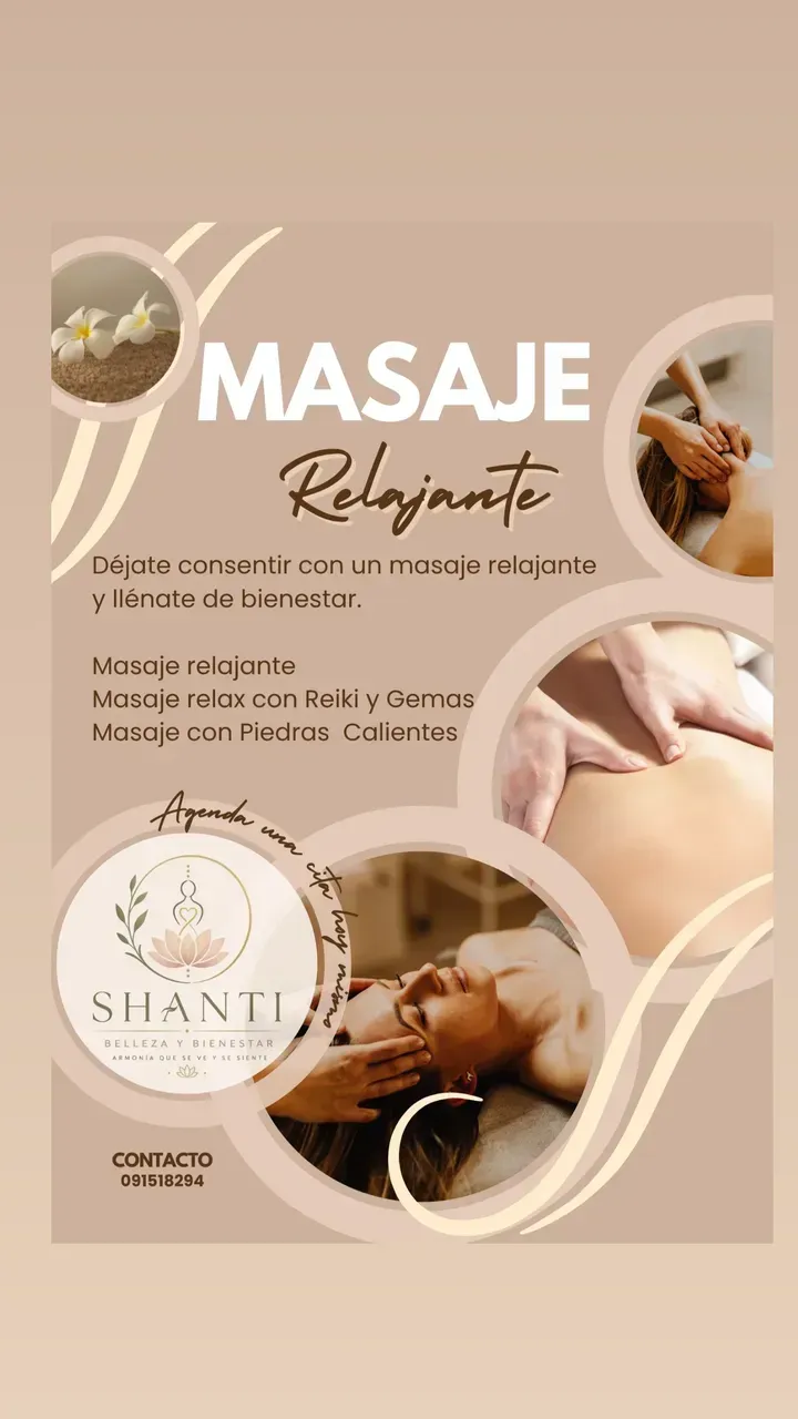 Póster de masaje relajante en beige y blanco con imágenes de spa y detalles del servicio.
