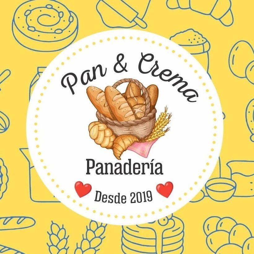 Logo de panadería Pan & Creme con pan y cereales sobre fondo amarillo con dibujos de panadería, “Desde 2019”