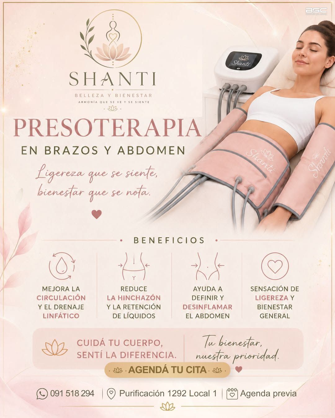 Cartel promocional de Shanti presoterapia, con una mujer que lleva vendas de compresión.