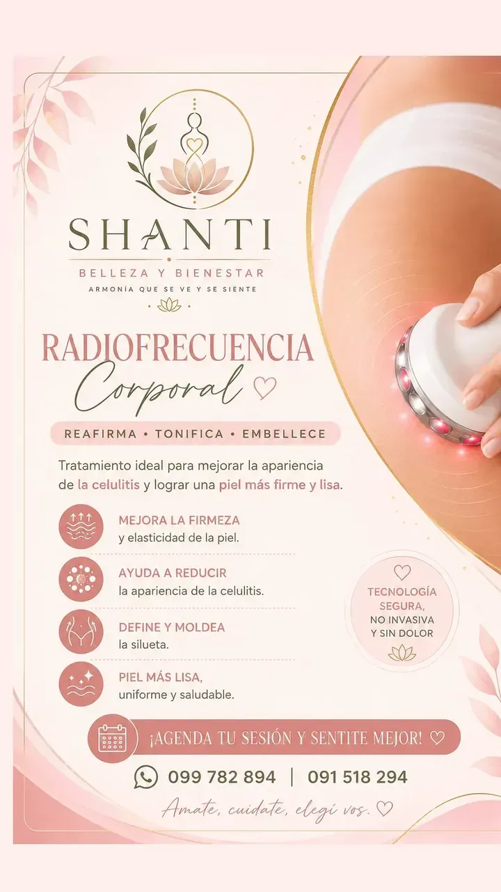 Anuncio rosa de belleza para el tratamiento corporal de radiofrecuencia SHANTI con logotipo floral.