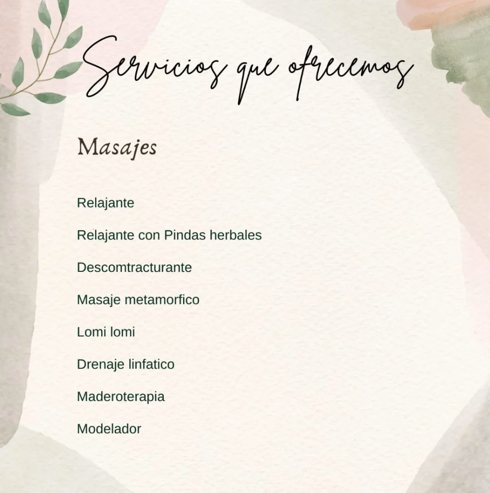 Servicios que ofrecemos: lista de masajes sobre fondo beige con detalles florales.