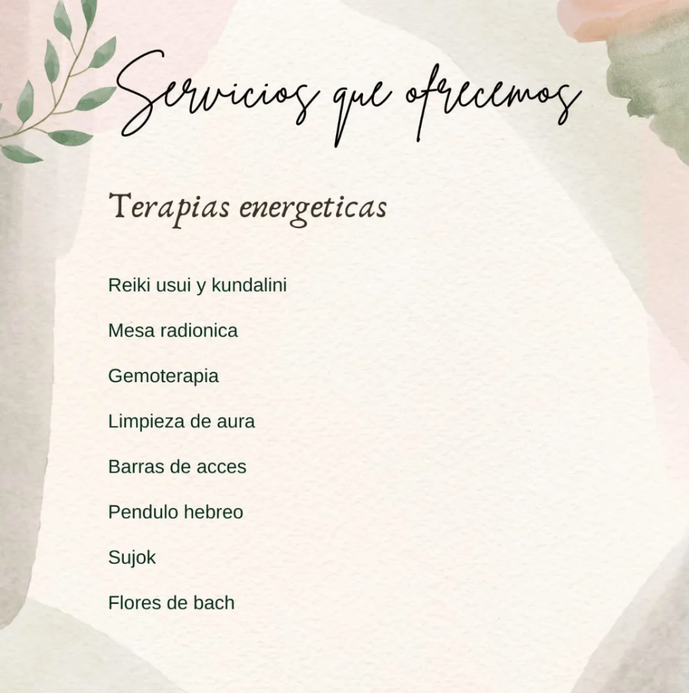 Servicios que ofrecemos: terapias energéticas y lista de tratamientos sobre fondo rosa y floral
