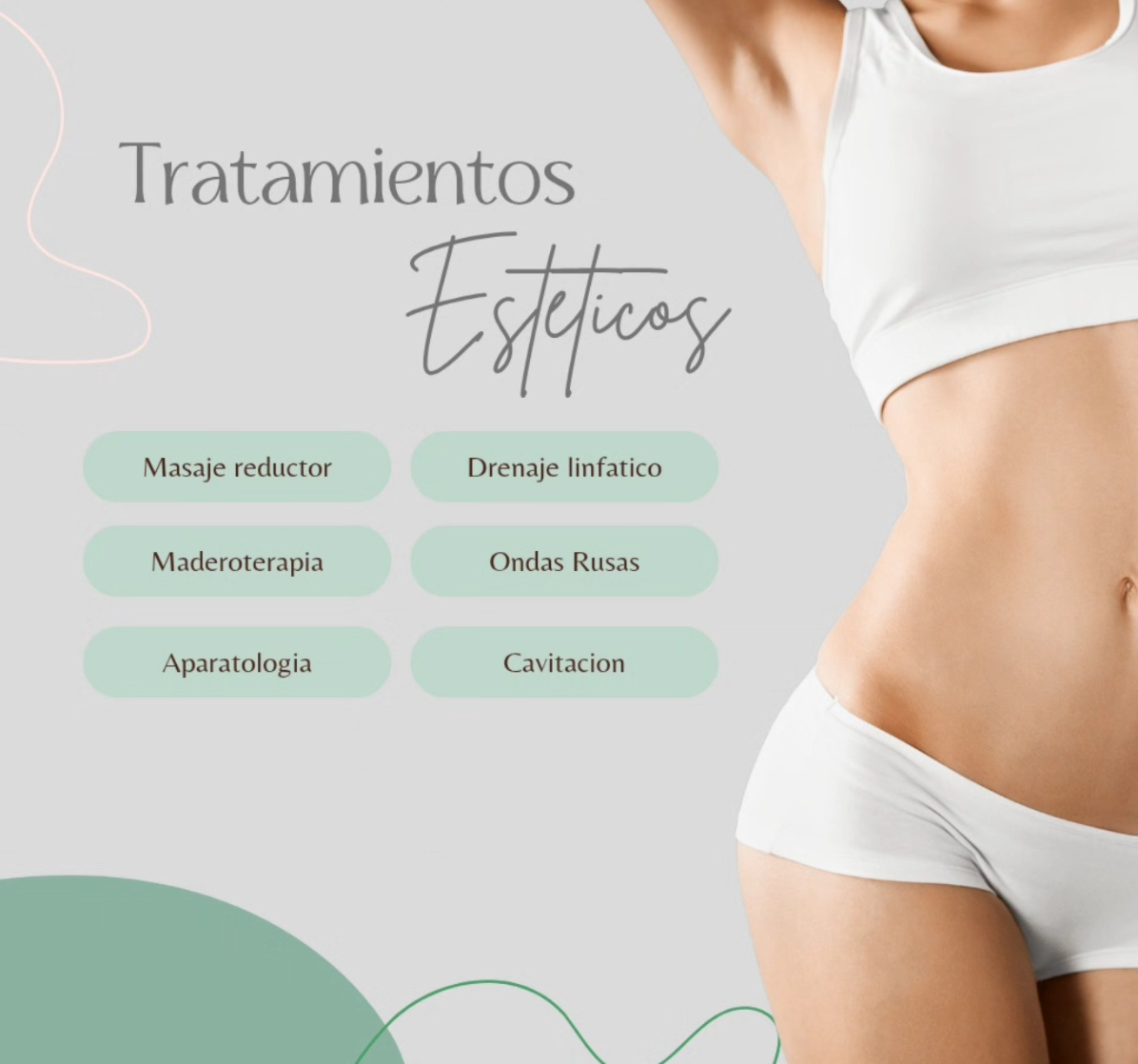 Banner para “Tratamientos Estéticos” con una mujer en ropa interior blanca y una lista de tratamientos.