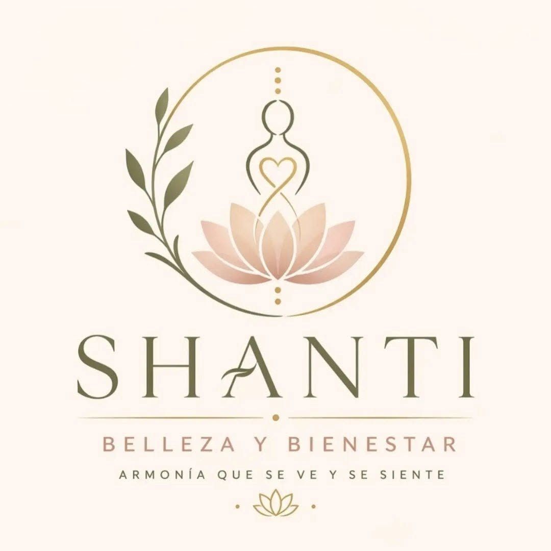 Logotipo de Shanti Wellness con loto, rama de olivo y círculo dorado sobre un fondo beige suave.