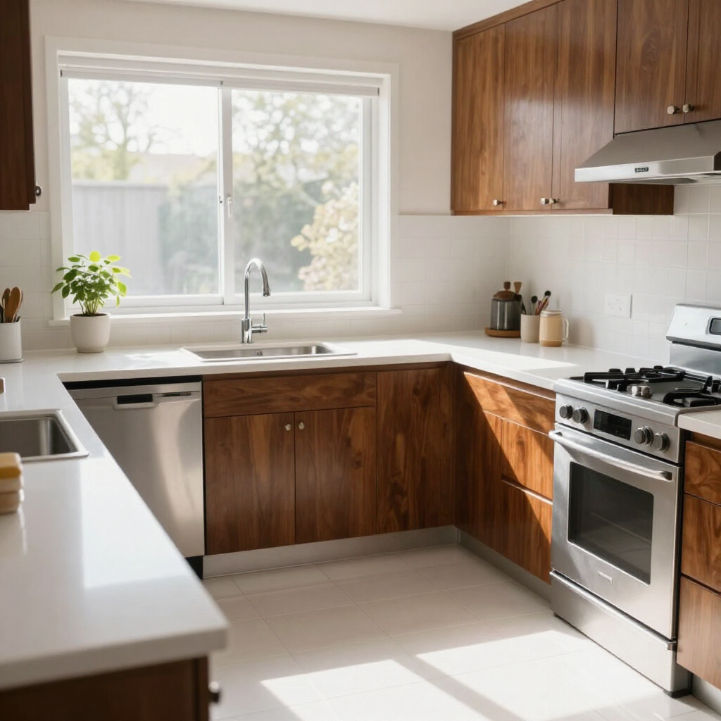 Bright modern kitchen with wood cabinets, white countertops, stainless stove, and a sunlit window above the sink