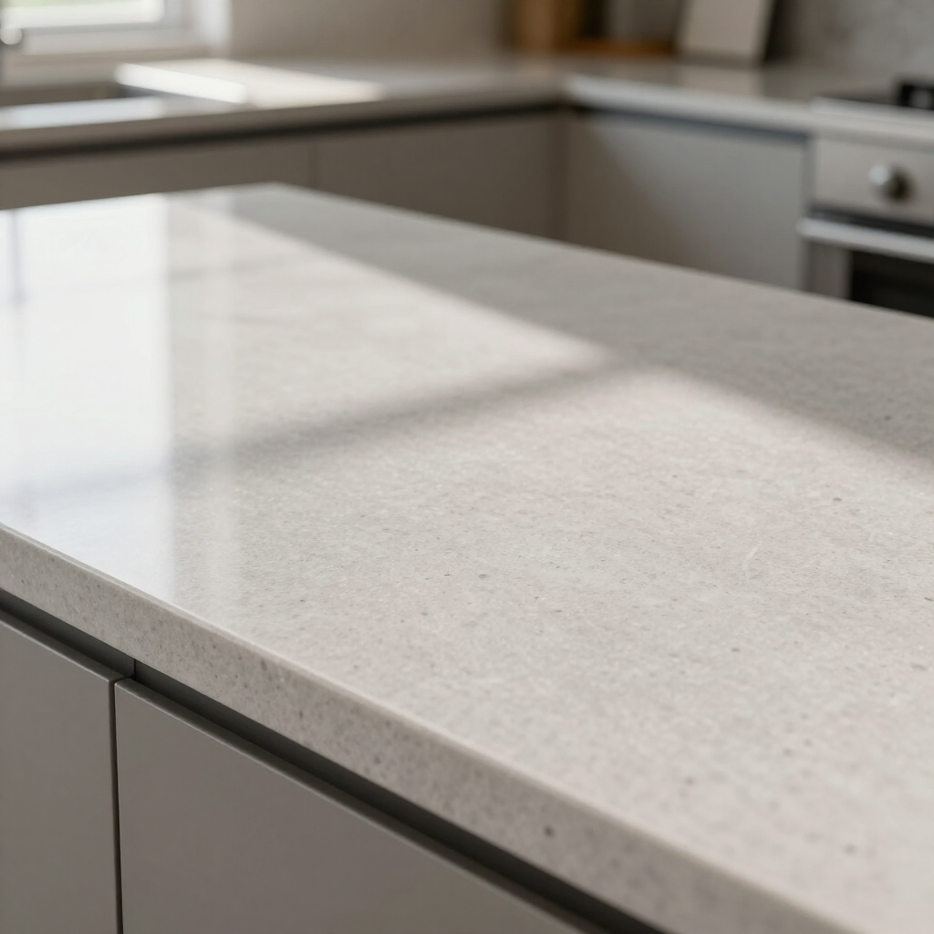 Modern kitchen countertop with light gray stone surface and stainless steel appliances in the background