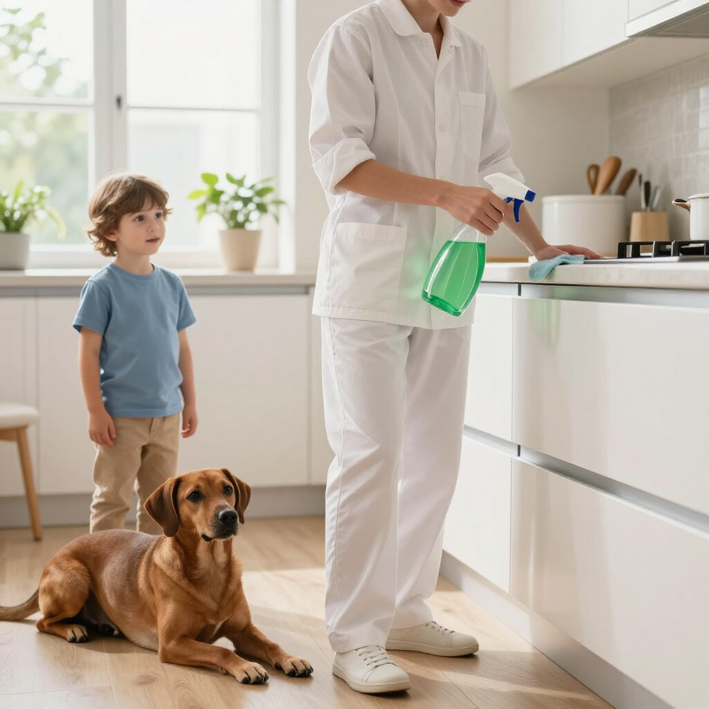 Person cleaning a bright kitchen while a brown dog and child sit nearby