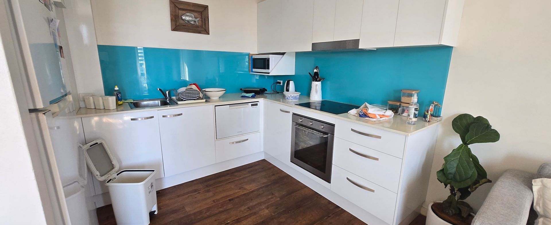 Modern white kitchen with turquoise backsplash, wooden floor, oven, sink, and potted plant on the counter