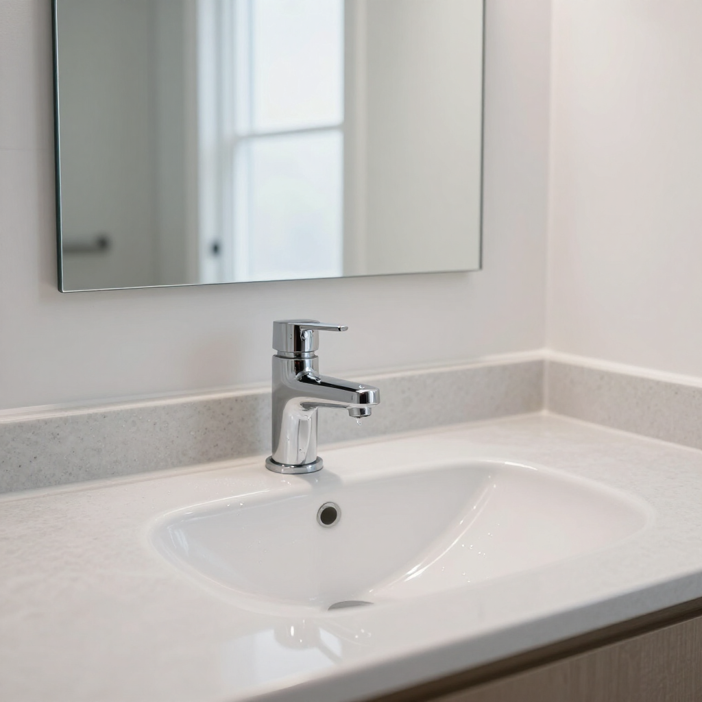 Modern white bathroom sink with chrome faucet and mirror above
