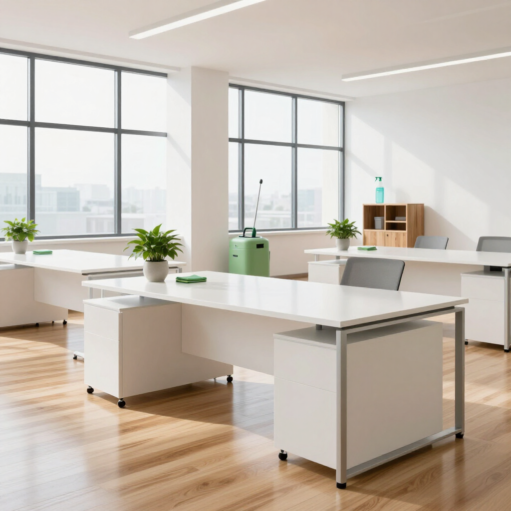 Bright modern office with white desks, potted plants, and large sunlit windows