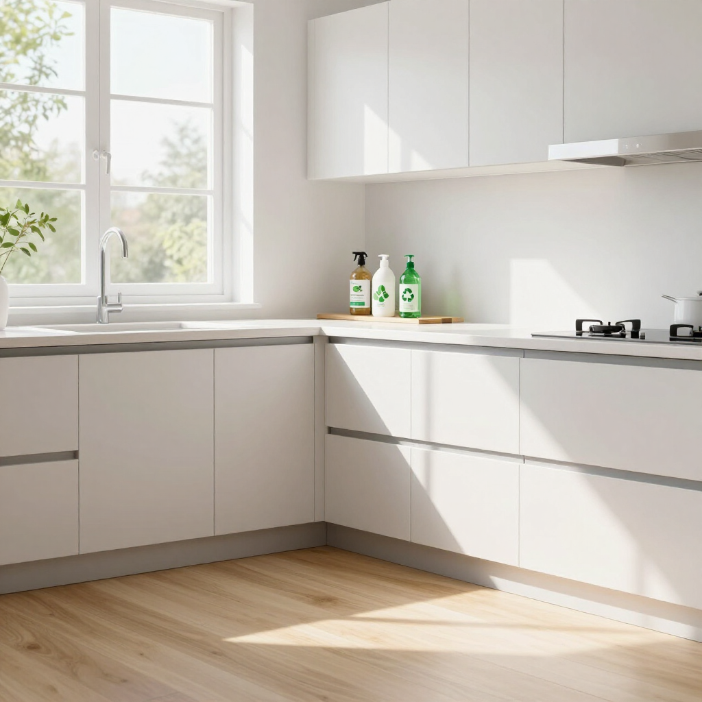 Bright minimalist kitchen with white cabinets, wood floor, and sunlight by the window