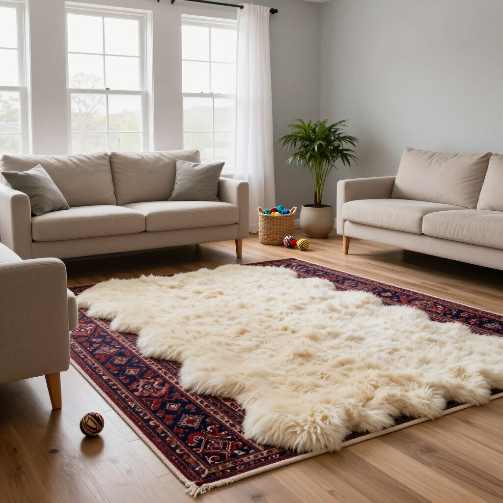 Bright living room with two beige sofas, a fluffy cream rug, and a potted plant by the window.