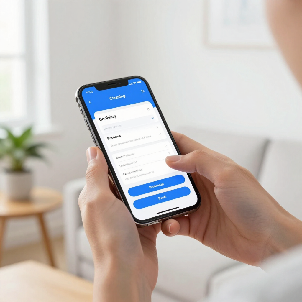 Hands holding a smartphone with a blue app login screen in a bright room