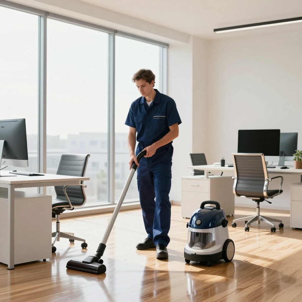 Janitor cleaning a bright office floor with a vacuum and floor machine