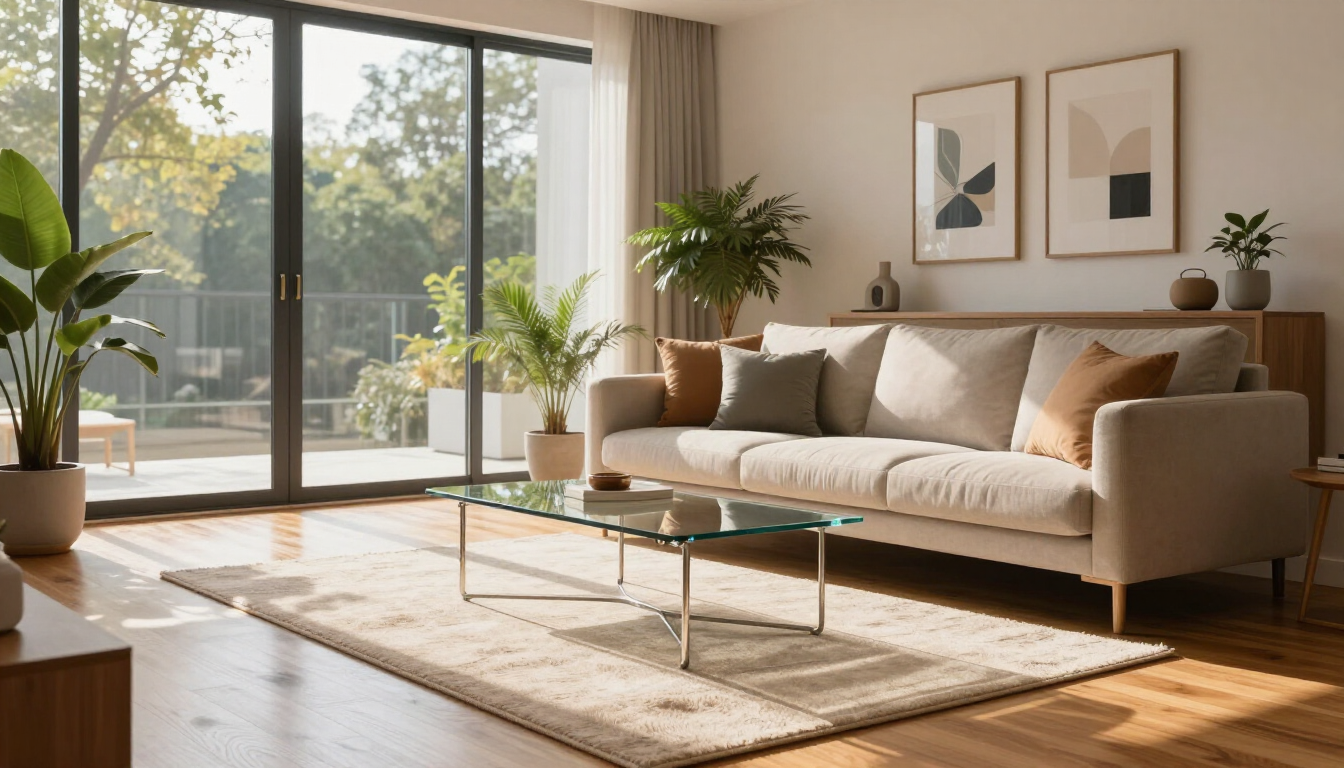 Bright modern living room with beige sofa, glass coffee table, rug, plants, and large sliding doors to a sunny patio