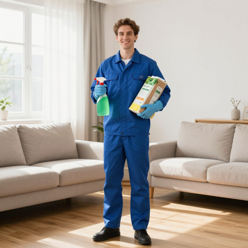 Person in blue coveralls holding cleaning supplies in a bright living room.