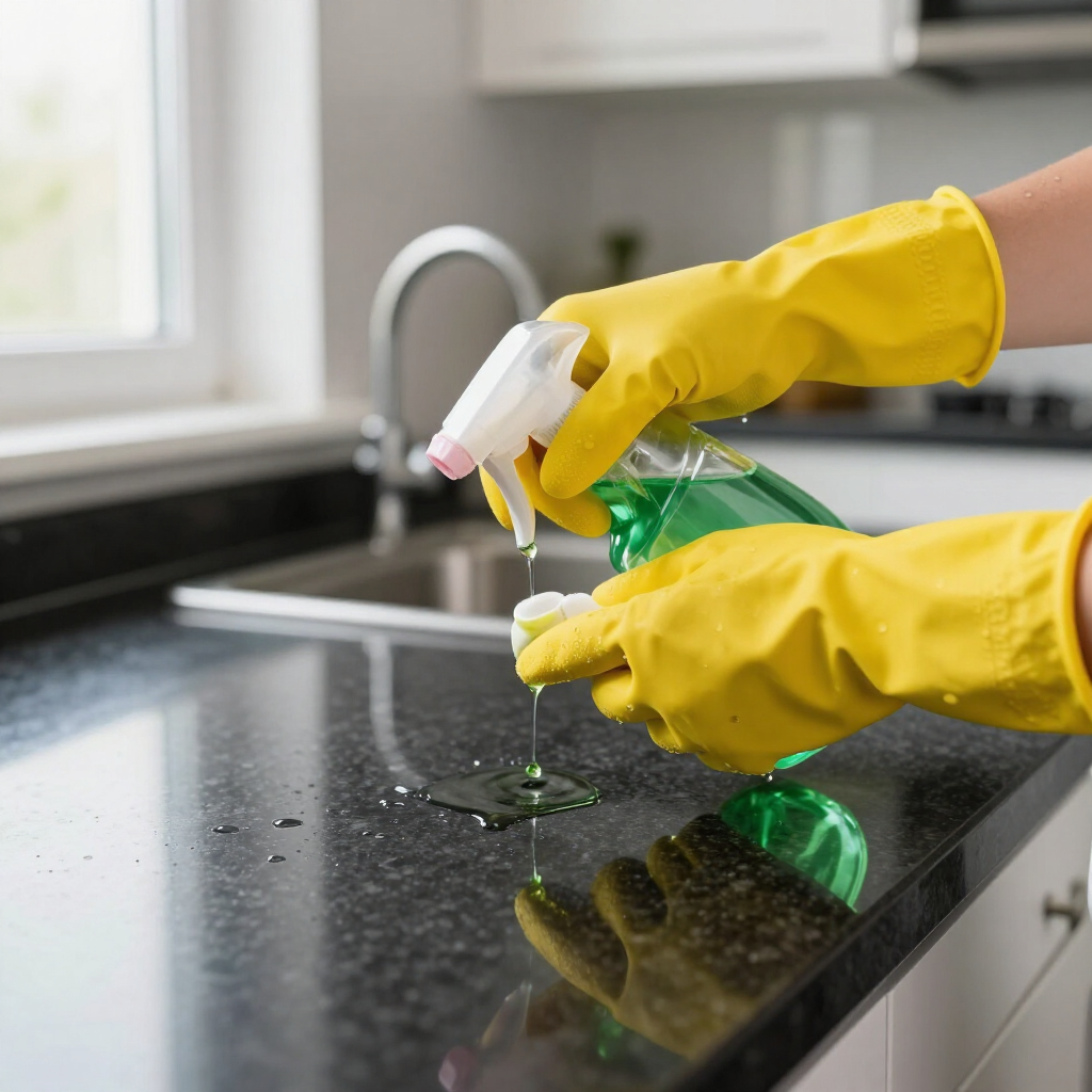 Yellow-gloved hands spray cleaner on a black kitchen countertop near a sink