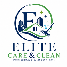 Elite Care & Clean logo with blue and green house, city, and cleaning squeegee; “Professional Cleaning with Care”