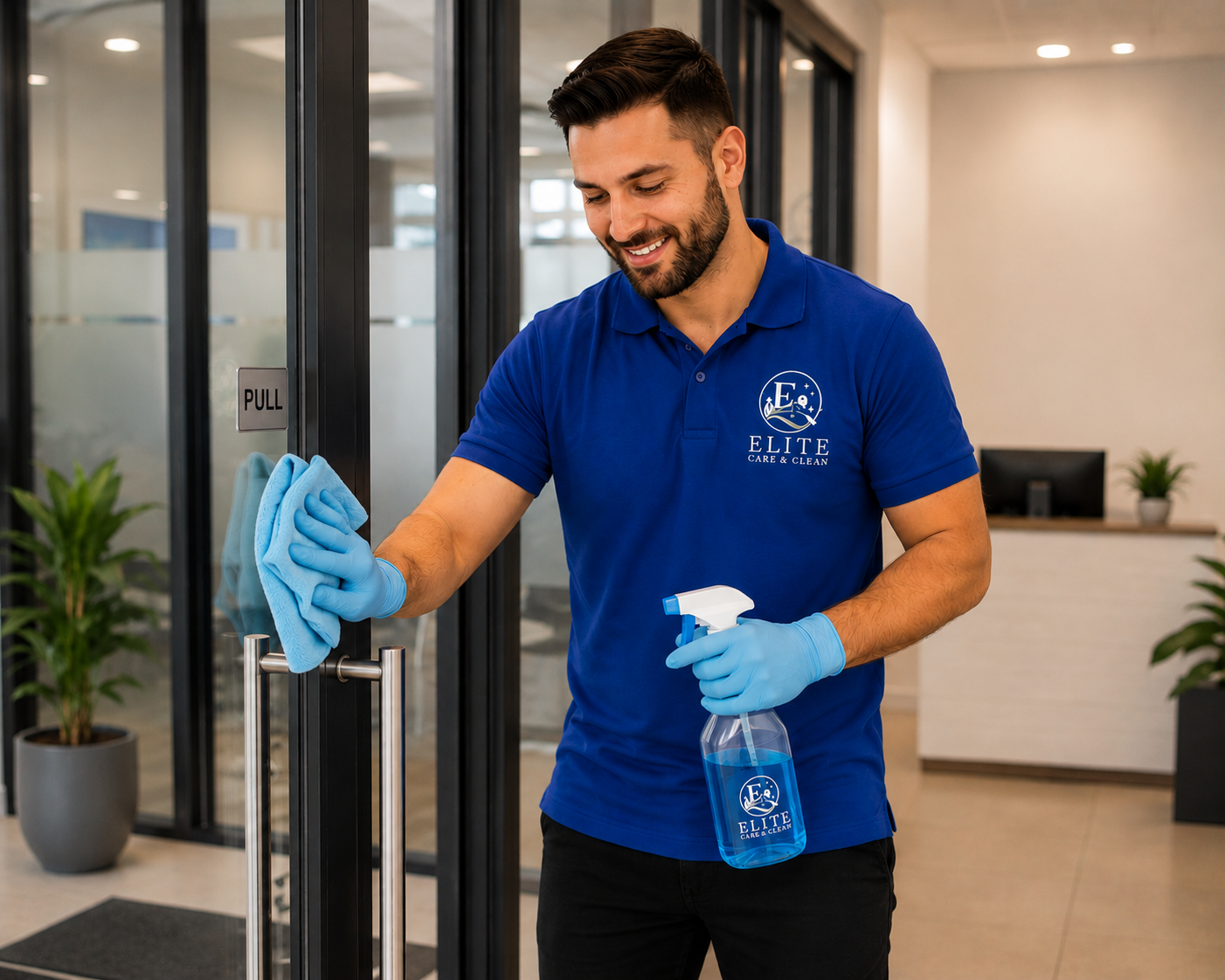 Janitor in blue polo and gloves cleaning a glass door with spray bottle in an office lobby