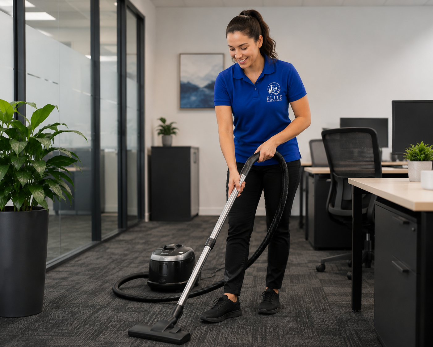 Woman vacuuming carpet in an office hallway near desks and plants