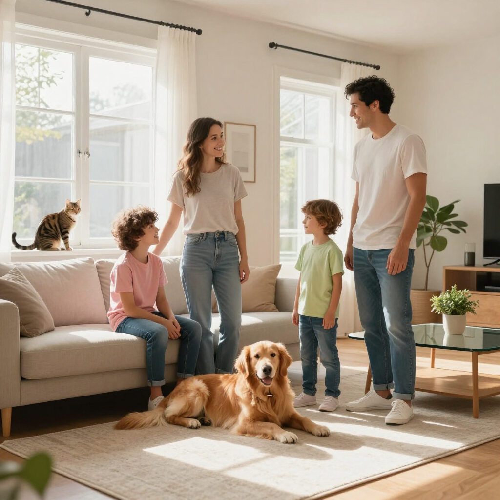 Family and pets in a sunlit living room with a couch, dog on rug, and cat on the sofa