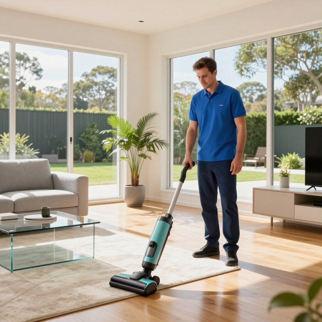 Man vacuuming a bright living room with a cordless stick vacuum