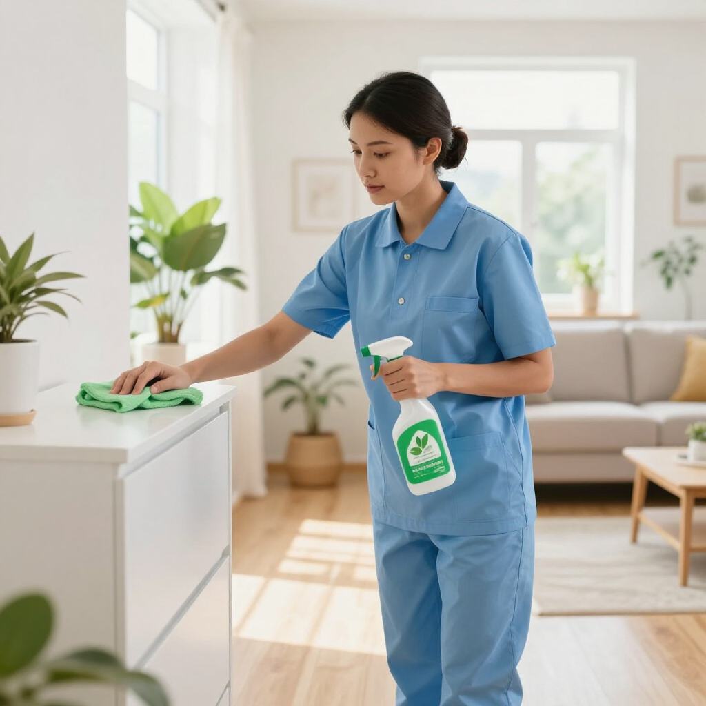Cleaner in blue uniform wiping a cabinet with spray cleaner in a bright living room