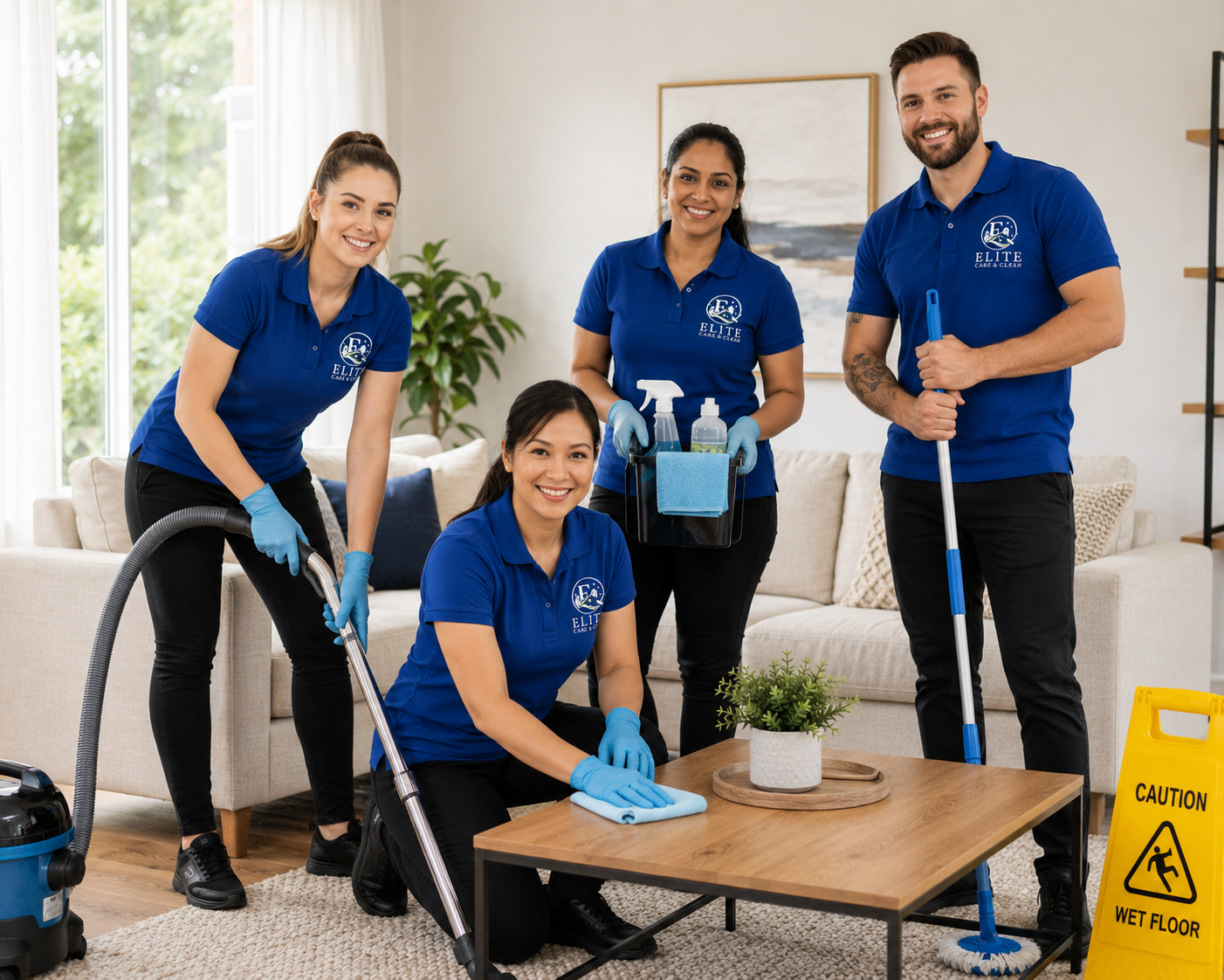 Three cleaners in blue uniforms vacuum and wipe a bright living room with a yellow caution sign.