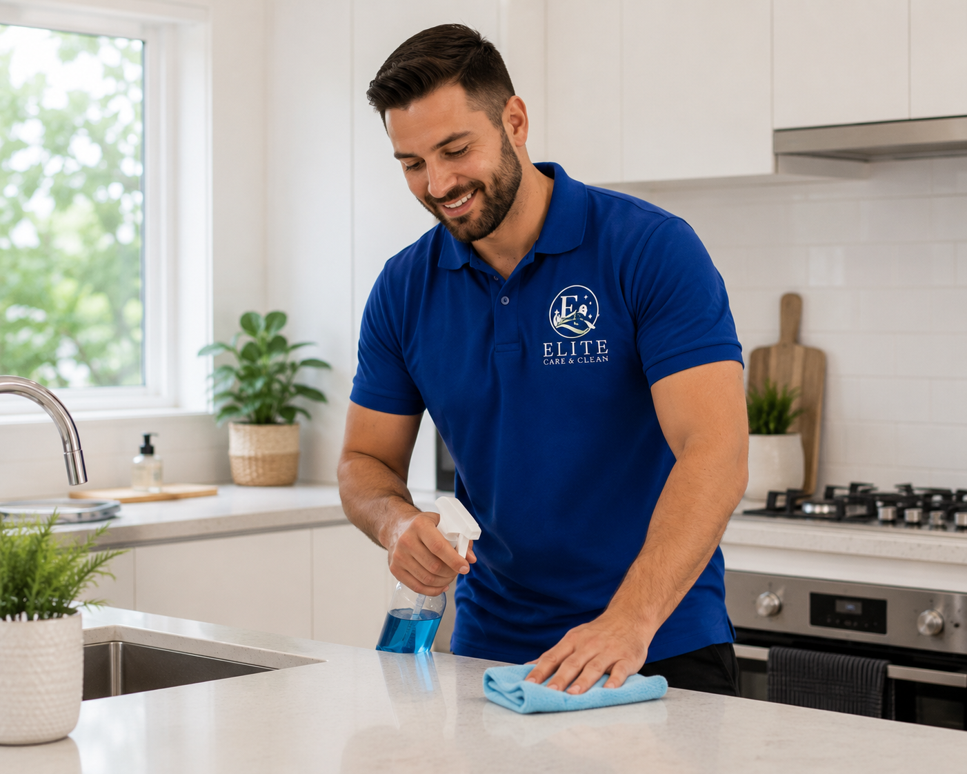 Man cleaning a kitchen counter with spray and cloth in a bright modern kitchen